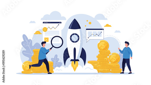 Two men interacting with a launching rocket, surrounded by gold coins and financial charts, symbolizing startup success, business launch, and investment.