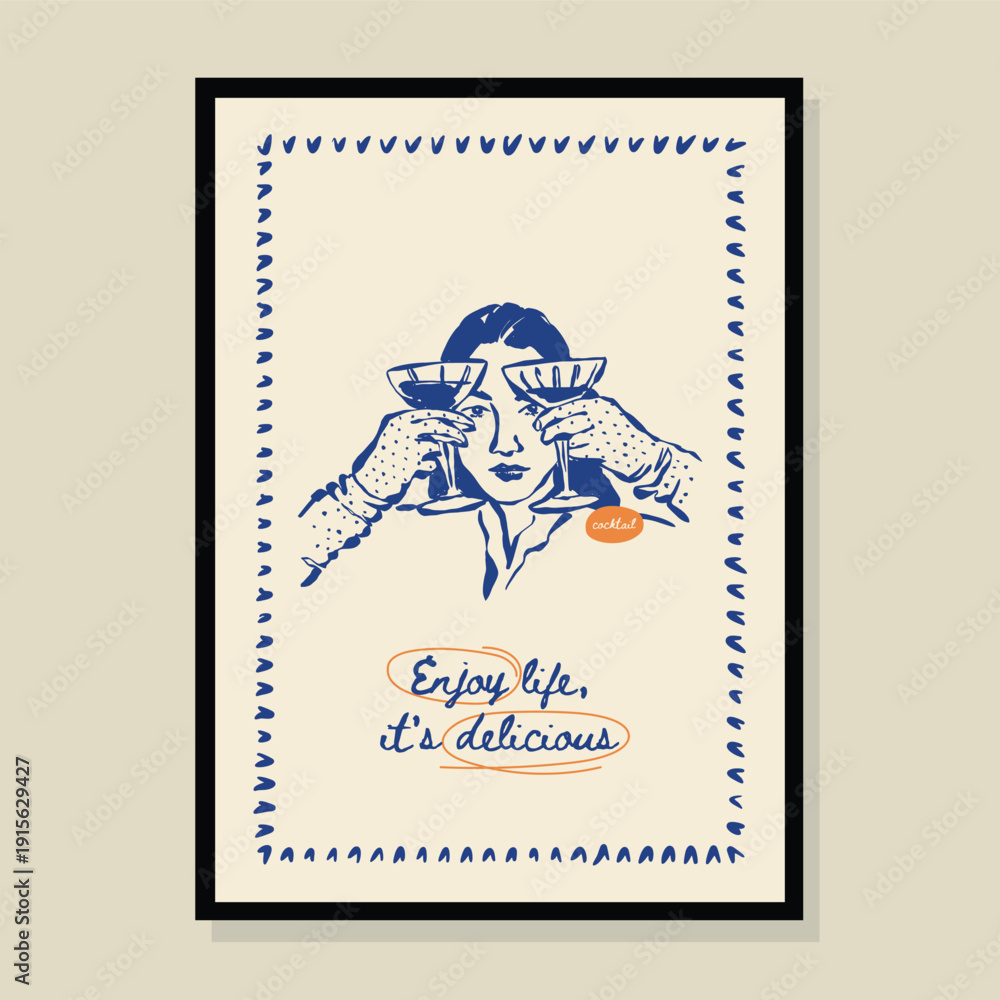 Obraz premium Sketch style vector drink doodles with a motivational slogan in a poster frame. Art for print design, greeting card, postcards, branding, logo design. 