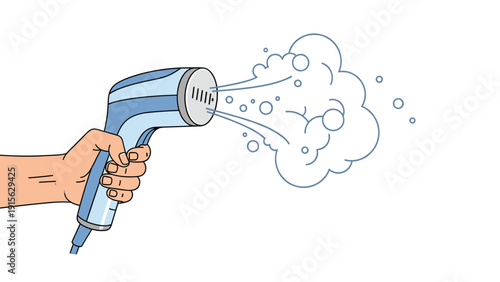 Hand holding a portable garment steamer, actively emitting steam for efficient wrinkle removal and fabric care.