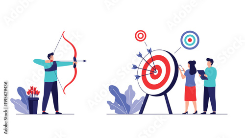 Two scenes depicting strategic targeting and goal achievement: a man aiming a bow and arrow, and a group analyzing a target with arrows.