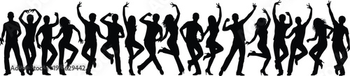 Energetic party dancer silhouettes showing men and women celebrating with raised arms dynamic poses and joyful movement isolated black vector illustration for nightlife events