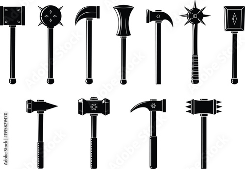 Hammer and mace silhouette illustration collection, medieval fantasy weapons, spiked war hammers, ornate mallets, black artwork, creative design reference, historical study