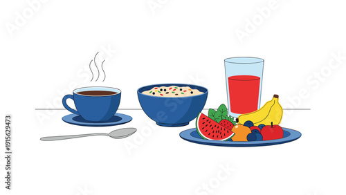 Delicious and nutritious breakfast spread featuring a bowl of oatmeal, fresh fruit platter, hot coffee, and a glass of juice, perfect for a healthy start.