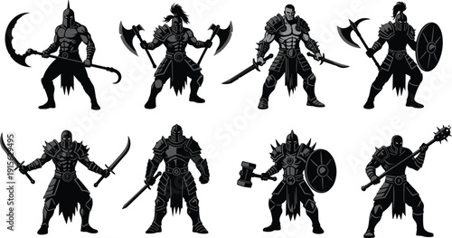 Fantasy warrior silhouette illustration, medieval armored fighter artwork, black and white character design, weapon combat art, heroic battle stock image