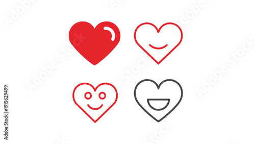 Versatile set of heart icons, illustrating love, happiness, and positive emotions through solid, outline, and smiling face designs, ideal for various expressions.