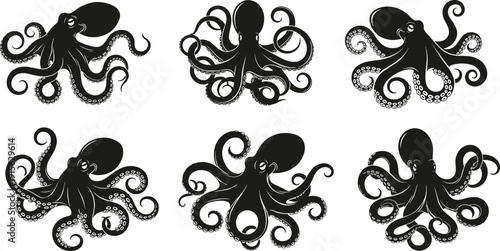Octopus silhouette illustration set, marine animal artwork, black and white design, tentacle poses collection, ocean wildlife concept, artistic sea creature drawing