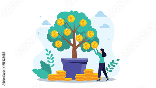 Successful woman harvesting dollar coins from a thriving money tree, symbolizing financial growth, investment returns, and wealth accumulation through smart strategy.