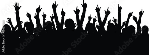 Crowd silhouettes with raised hands cheering together at concert festival or celebration isolated black vector illustration representing audience energy unity and excitement