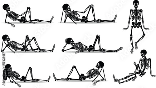 Human skeleton silhouette illustration collection, lounging poses, relaxed anatomy artwork, black figures, creative design reference, humorous posture study, artistic anatomy