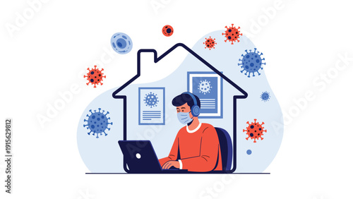 Dedicated man working from home during a pandemic, wearing a mask and headphones, emphasizing remote work, safety, and staying productive amidst challenges.