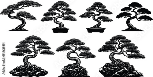 Stylized bonsai tree illustration, black and white artwork, Japanese garden design, nature silhouette drawing, zen plant art, decorative stock image