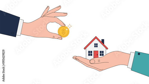 Symbolic illustration of a financial transaction, with a hand offering a dollar coin for a small house, representing real estate purchase, investment, or property sale.
