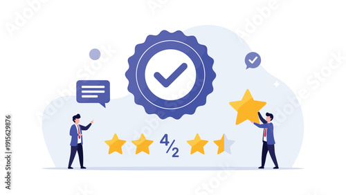 Satisfied customers giving a 4.5-star rating with a quality assurance badge, symbolizing excellent customer feedback, product review, and top-tier service.