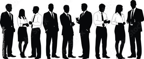 Business people silhouettes standing and talking in professional discussion poses, corporate teamwork and communication concept, men and women isolated on white background