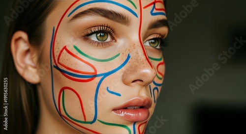 Woman with Colorful Face Paint Design.