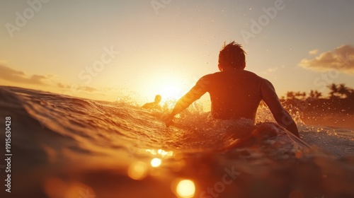 An exhilarating image of a surfer riding the waves as the sun sets, capturing the thrill and beauty of surfing against the stunning backdrop of a radiant sunset.