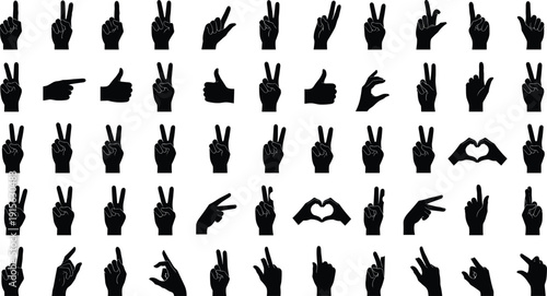 Large set of hand gesture silhouettes showing victory signs pointing thumbs up counting and love symbols isolated on white background for communication, icons and graphic design use