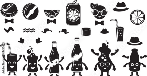 Set of cute minimalist cartoon drink and bottle characters with various expressions.