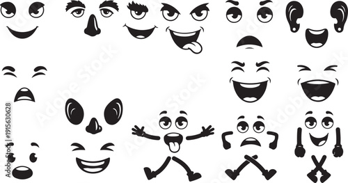 Set of minimalist cartoon faces with various expressions, cute emoji vector collection.