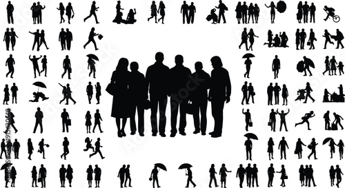 Large collection of people silhouettes showing walking standing talking families couples and daily activities isolated on white background for urban life, society and crowd concepts