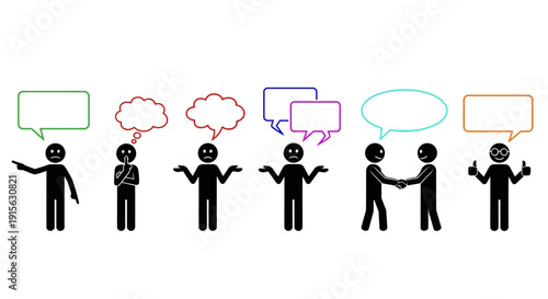Diverse stick figures illustrating communication, collaboration, and expressions through speech bubbles