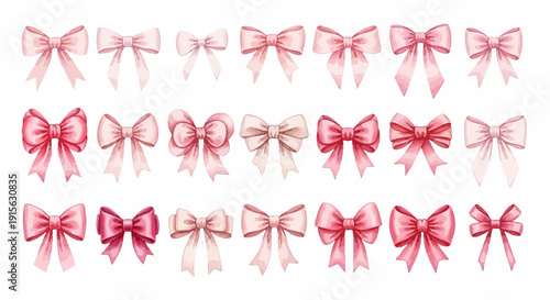 Watercolor collection of pink and red ribbon bows, perfect for adding charming decorative elements to festive designs, invitations, gifts, and creative projects