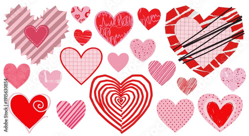 Vibrant collection of diverse red and pink heart shapes, adorned with various patterns and textures, celebrating love, romance, and heartfelt emotions with a whimsical artistic flair
