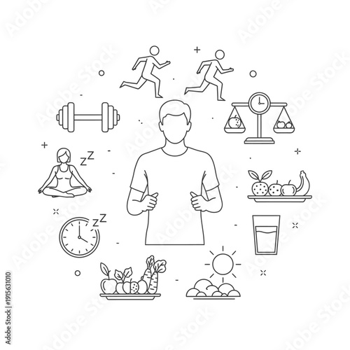 Man surrounded by fitness and wellness icons.