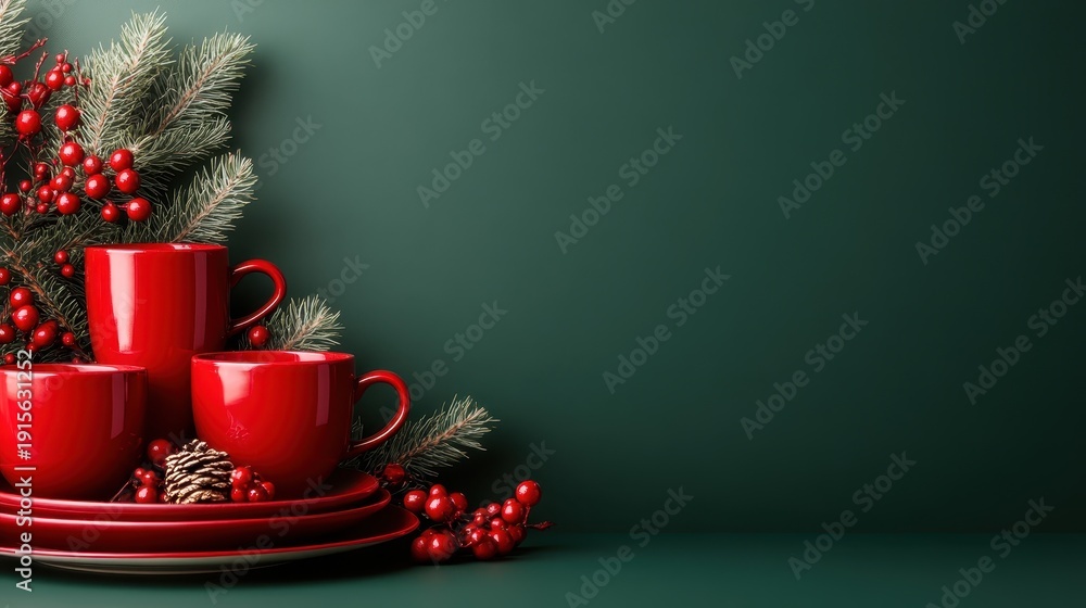Fototapeta premium Celebrate the holiday spirit with this vibrant arrangement of red cups, green foliage, and bright berries against a rich green backdrop, perfect for seasonal gatherings.