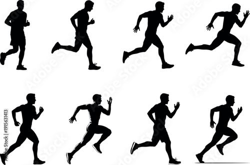 Collection of eight black silhouettes of men running in different poses