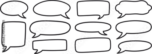 Simple black speech bubbles, empty talk shapes, cartoon dialog boxes, hand-drawn outline style, vector icons, communication, chat, conversation, message, comic illustration