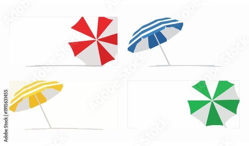 Striped beach umbrellas banner design set flat vector isolated on white background