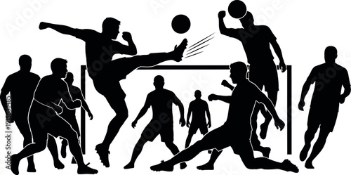 Silhouette illustration of diverse sportsmen in action poses
