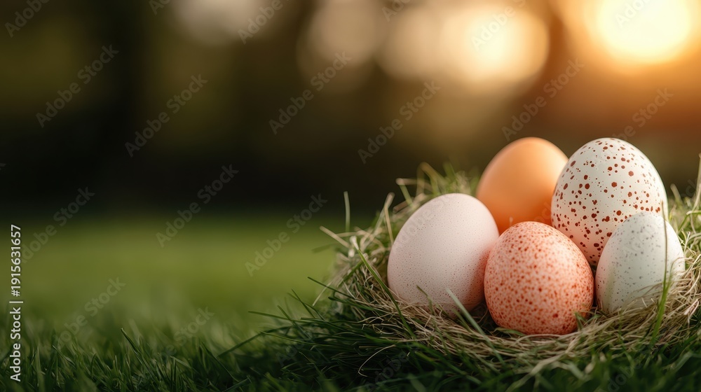 Obraz premium A beautifully arranged collection of colorful Easter eggs nestled in a natural grass nest, symbolizing renewal, celebration, and the joyful spirit of springtime festivities.