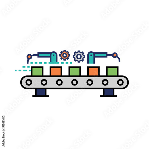 Industrial robotic arms operating conveyor belt with boxes in automated production line isolated on white background. Concept of manufacturing automation and efficiency