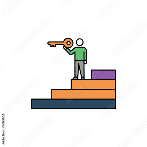 Businessman standing on tiered platform holding large key symbolizing access level system on white background. Concept of security and authorization management