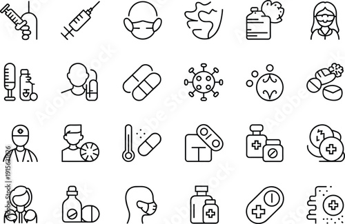 Healthcare vaccination line icon set, virus protection medicine symbols, medical treatment prevention vector outline collection for immunization health safety