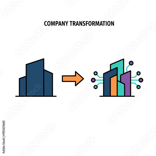Company transformation from traditional structure to digital connected enterprise with arrow direction on white background. Concept of business modernization and innovation