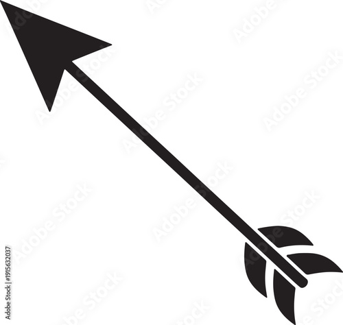 Black arrow with feathered fletching pointing diagonally upwards on a white background also transparent background