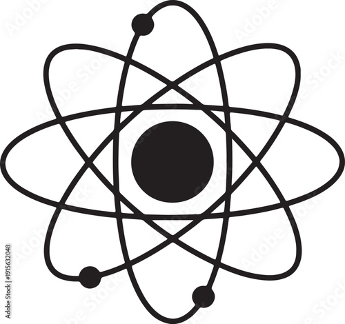 Black atom model with orbiting electrons on white background also transparent background atomic science