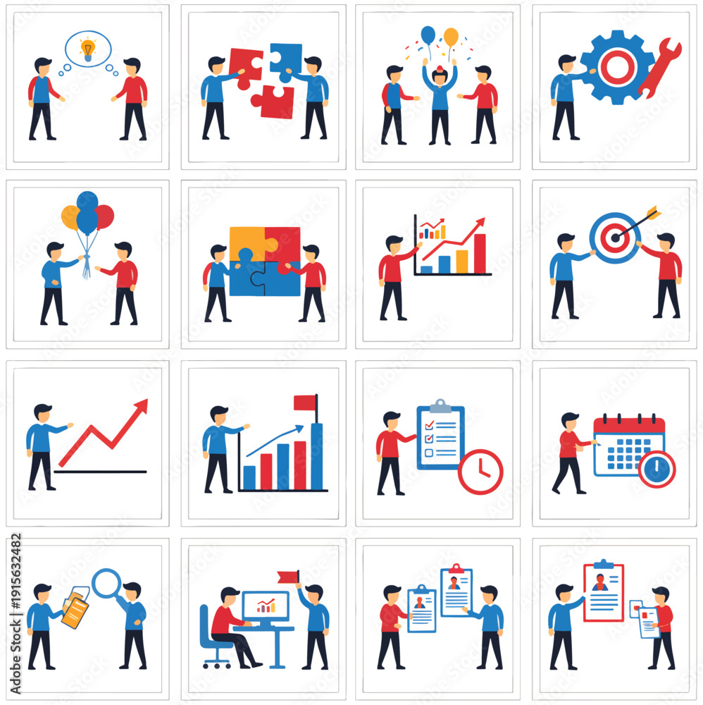 Fototapeta premium Business and Teamwork Activities Grid – Abstract Vector Illustration Set PNG background, business teamwork, abstract people, geometric figures, teamwork concept, brainstorming, innovation, 
