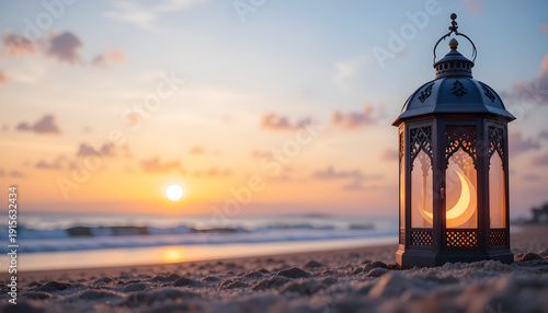 Glowing Ramadan Lantern on Sandy Beach at Sunrise with Ocean Waves and Golden Sky, Peaceful Islamic Spiritual Scene with Warm Light, Tranquil Seaside Morning and Serene Coastal Atmosphere