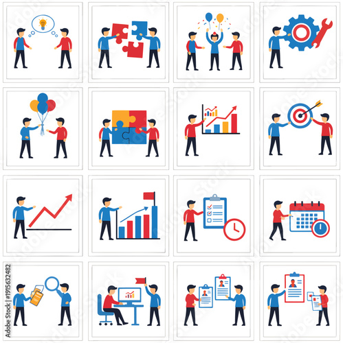 Business and Teamwork Activities Grid – Abstract Vector Illustration Set PNG background, business teamwork, abstract people, geometric figures, teamwork concept, brainstorming, innovation, 