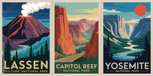 Lassen Volcanic National Park Poster, sandstone cliffs scenic road retro travel wall art