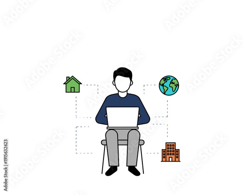 Manager working on laptop managing tasks remotely from anywhere isolated on white background. Concept of remote management and flexible workplace