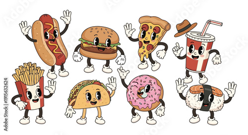 Cheerful cartoon fast food characters with arms and legs wave hello