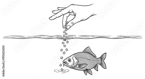 A human hand dropping food pellets into water for a fish, depicted in detailed line art.