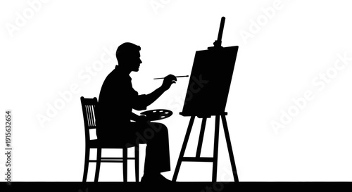 A focused artist sits painting diligently on a canvas placed on an easel, depicted in silhouette.