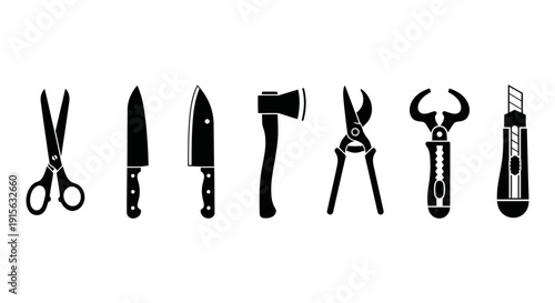 Seven essential tools depicted as bold black silhouettes