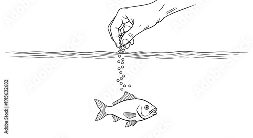 A human hand drops food for a fish with a bandage, depicted in black and white line art.